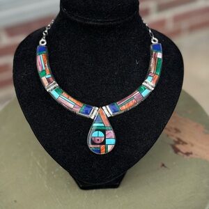 Frank Yellowhorse Rare vintage Navajo sterling mosaic necklace with turquoise